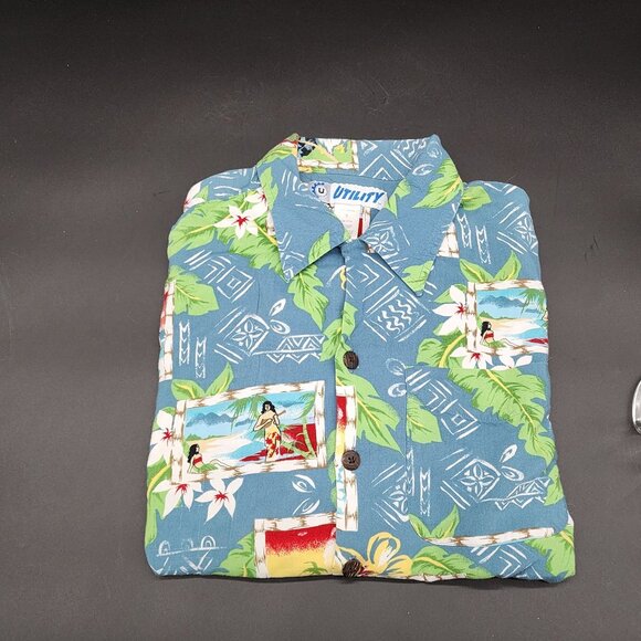 Vintage Utility Hawaiian Shirt Blue With Tropical Print & Beach Scenes Button-Up - Picture 2 of 6